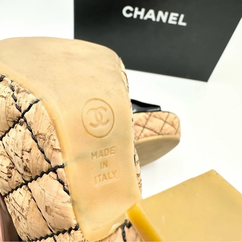 Chanel Black Patent Leather Quilted Cork Platform Peep Toe Heels